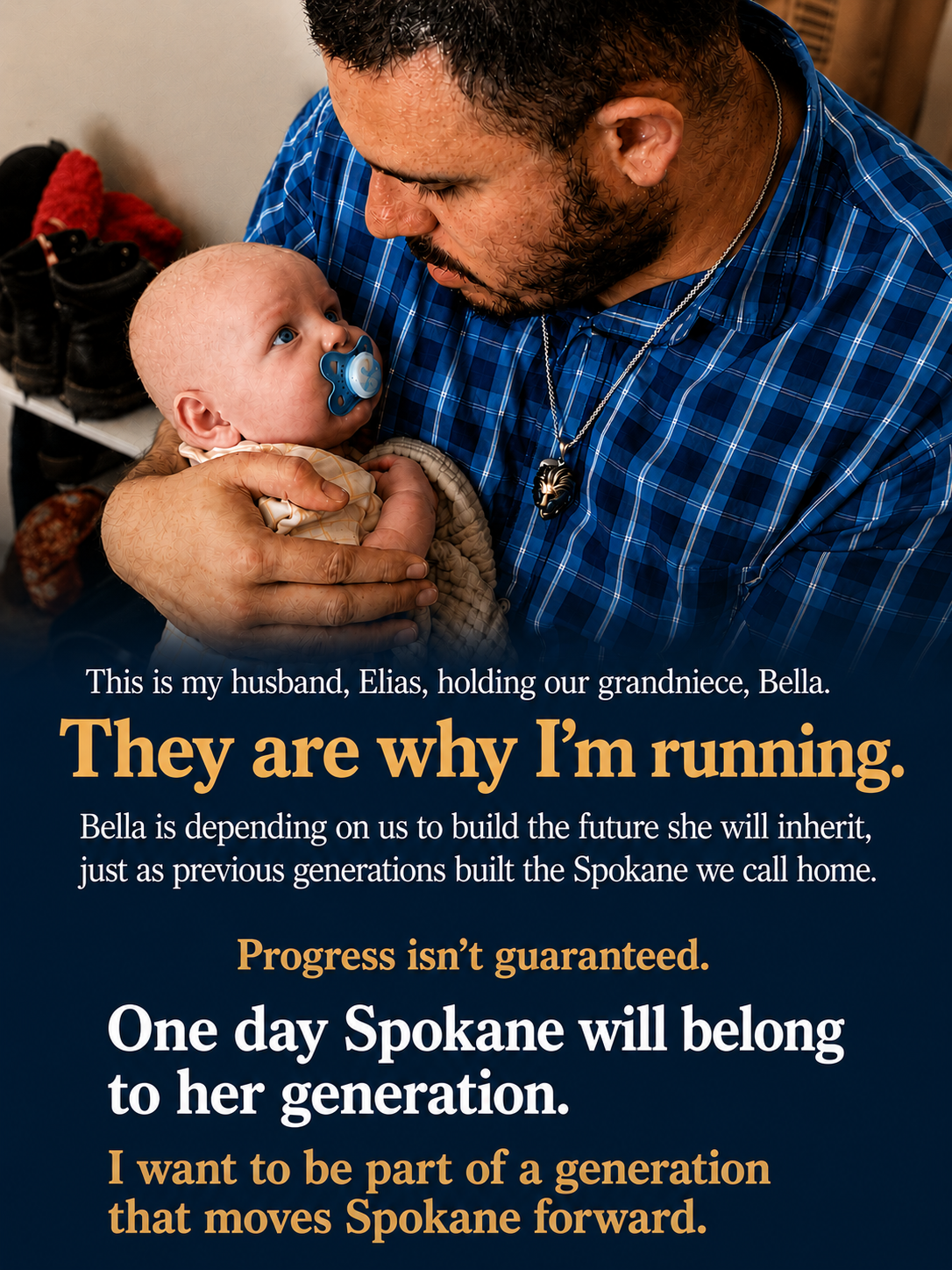 Donovan's husband Elias holding their grandniece Bella — 'They are why I'm running.'