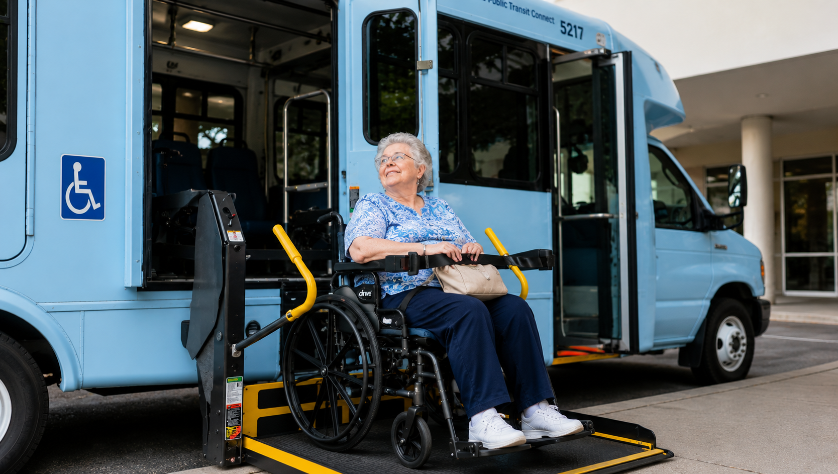 A passenger boarding a Spokane paratransit bus on the wheelchair lift