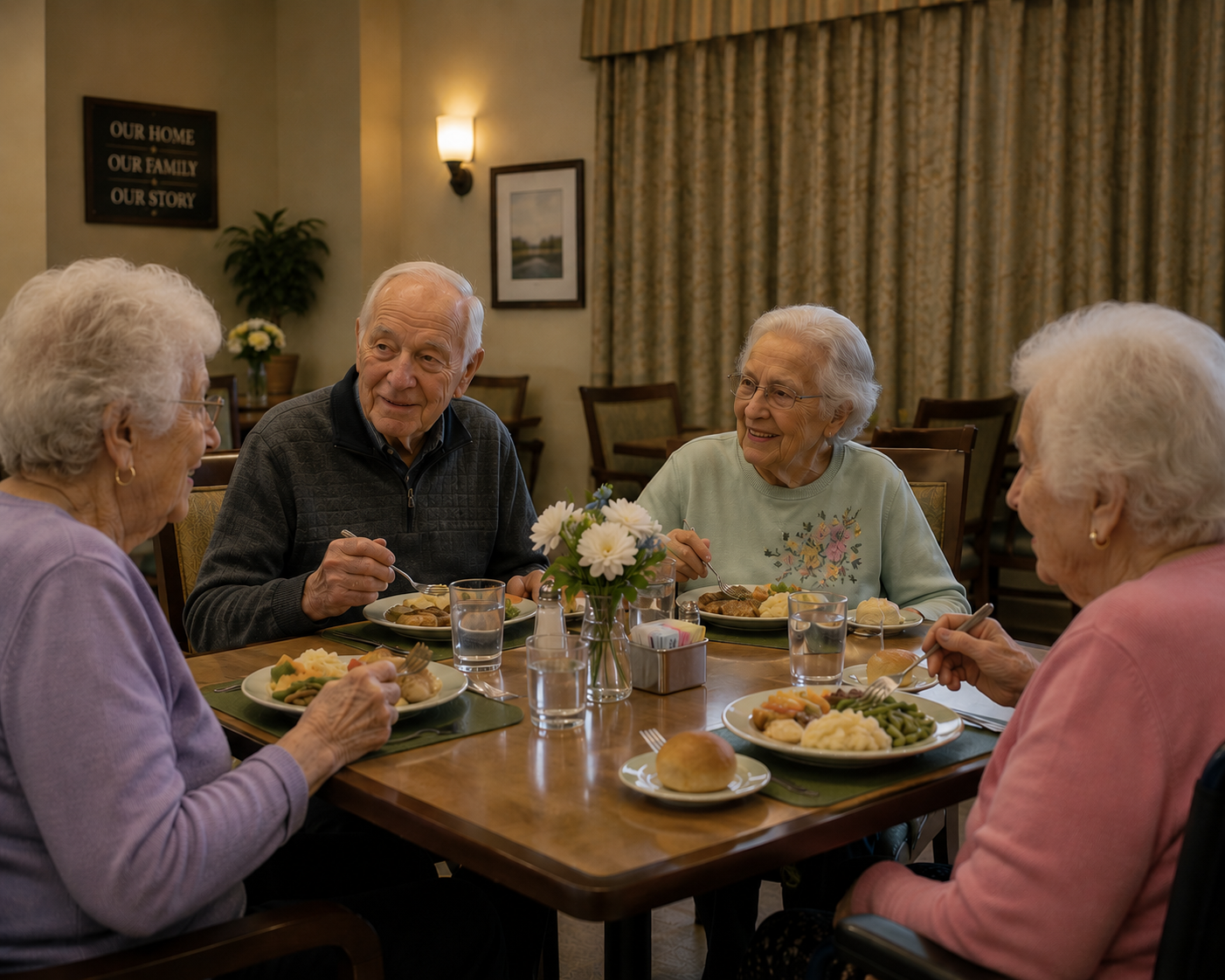 Seniors sharing a meal together at a community dining table in Spokane